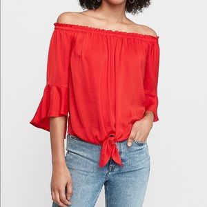 Express Satin Tie Front Off the Shoulder Top
